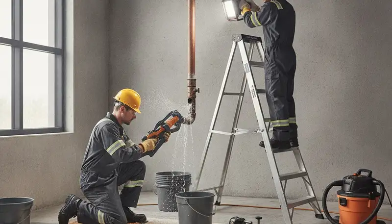 Emergency plumber repairing a burst pipe in a Wellesley, MA home