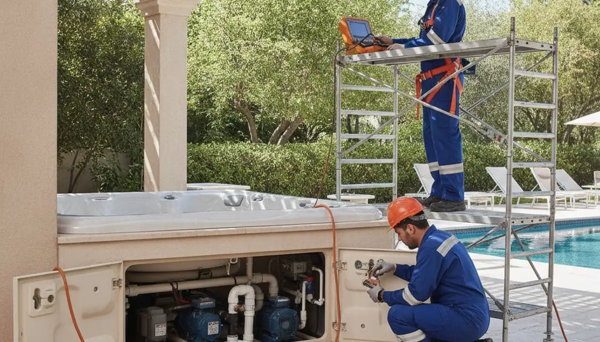 Spa repair technician servicing a spa in Wellesley, MA for On Call Plumbers