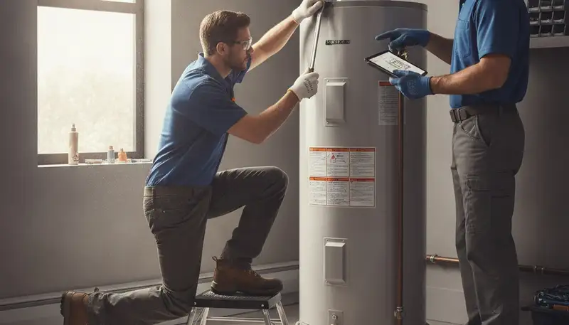 Water heater repair technician servicing a Wellesley, MA home plumbing system